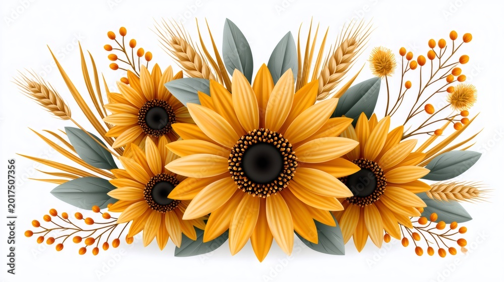 Fototapeta premium Sunflowers and wheat creating a fall harvest bouquet
