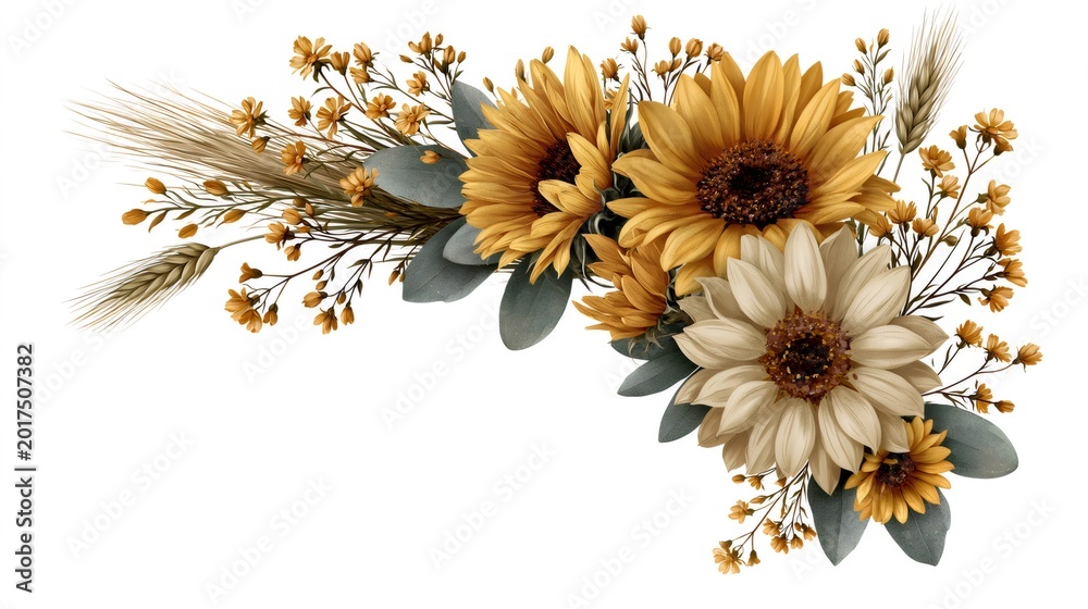 Fototapeta premium Autumn sunflowers floral arrangement with wheat and leaves
