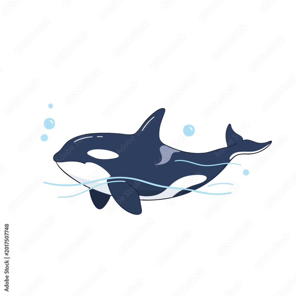 Fototapeta premium A stylized orca vector illustration swimming gracefully in blue water with gentle waves and bubbles, representing marine life and ocean themes