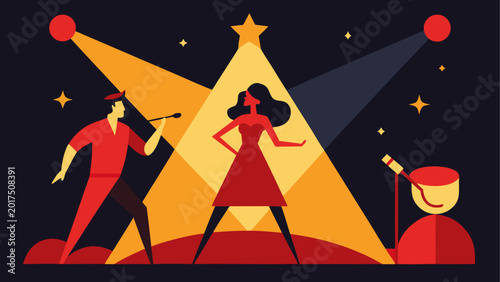 Canvastavla Retro, stylized illustration of musicians performing on stage, spotlight, yellow