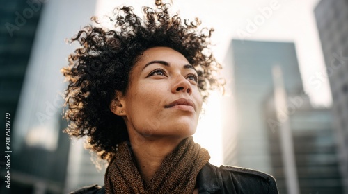 Confident woman looking up in a city setting with skyscrapers in the background