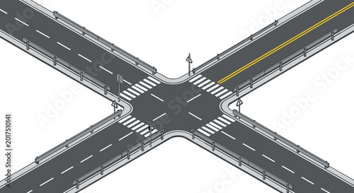 Isometric vector illustration of a clean road intersection with crosswalks and guardrails representing urban planning, traffic, and transportation networks.