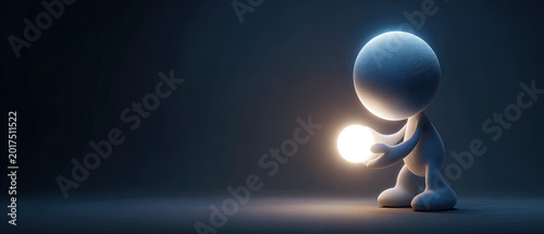 Minimalist 3D character holding a glowing ball on a dark background, symbolizing creativity, innovation, and new ideas.