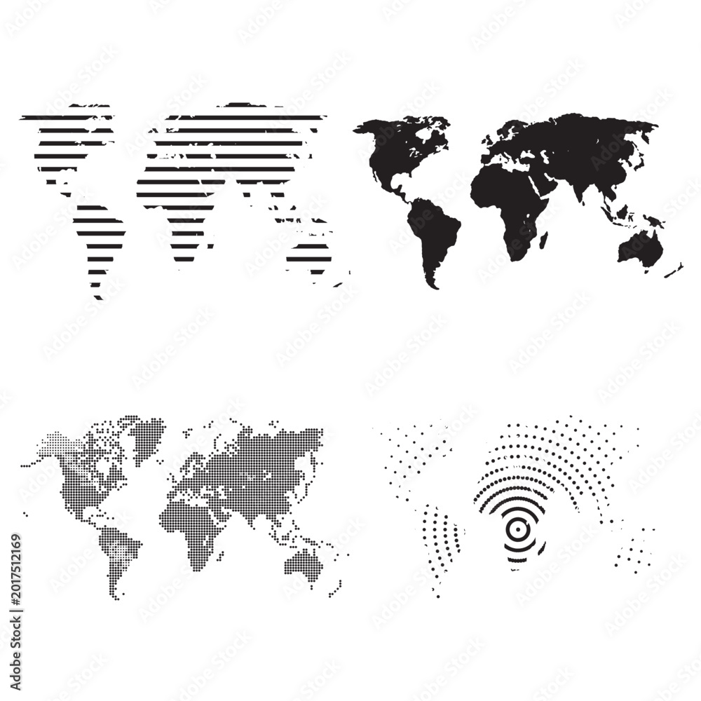 Fototapeta premium Set of four different black world map designs including striped solid dotted and digital connection patterns