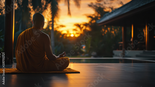 Buddhist monk in saffron robe meditating in lotus position on a rock surrounded by serene green nature at sunrise.