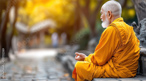 Buddhist monk in saffron robe meditating in lotus position on a rock surrounded by serene green nature at sunrise.