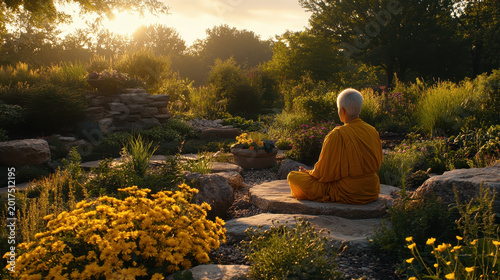 Buddhist monk in saffron robe meditating in lotus position on a rock surrounded by serene green nature at sunrise.