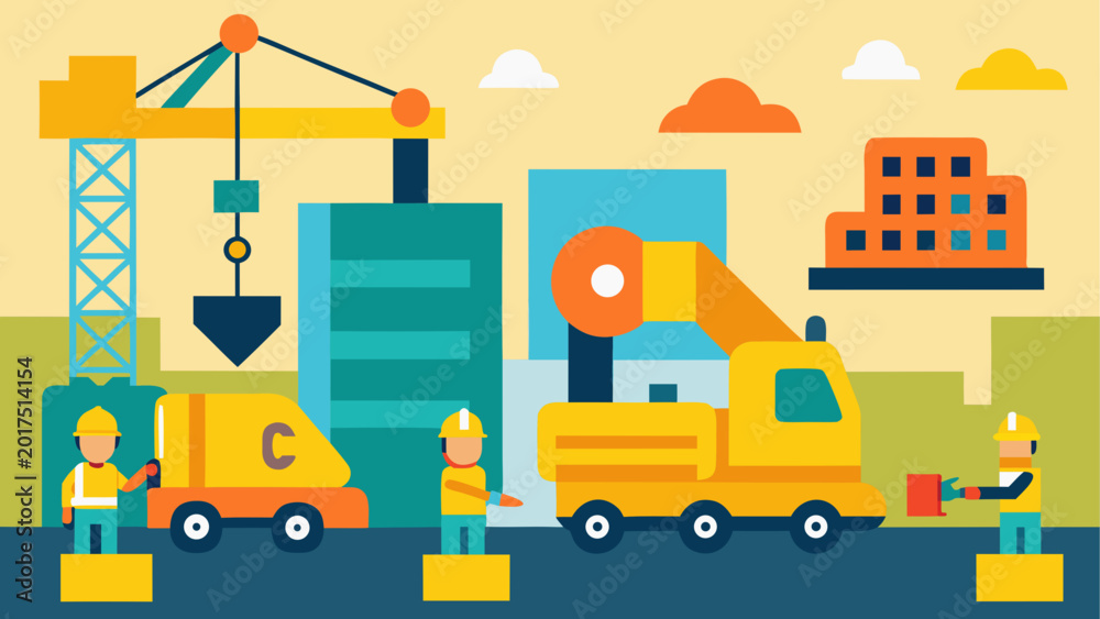 Naklejka premium Colorful construction vehicles and cranes illustration