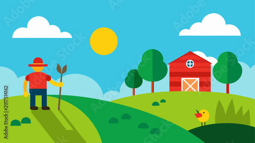 Bild auf Leinwand Farmer holding a pitchfork in a sunny meadow