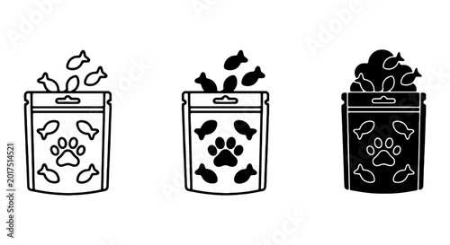 фотографія Pet Food Pouch Icons, Cat Treats Packaging Vector Set, Animal Nutrition Bag Grap
