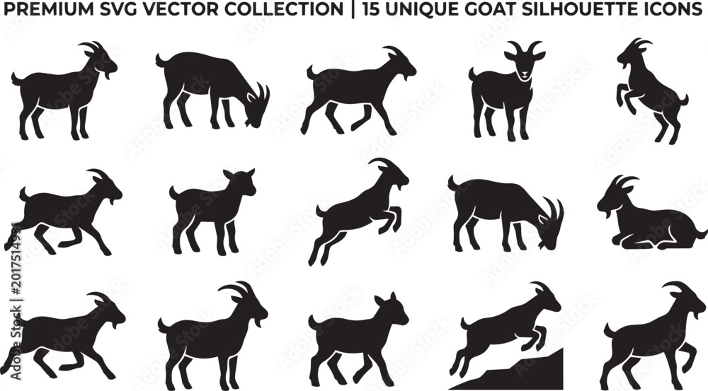 Obraz premium Premium svg vector collection 15 unique goat silhouette icons, black and white minimal goat symbol illustration set.
