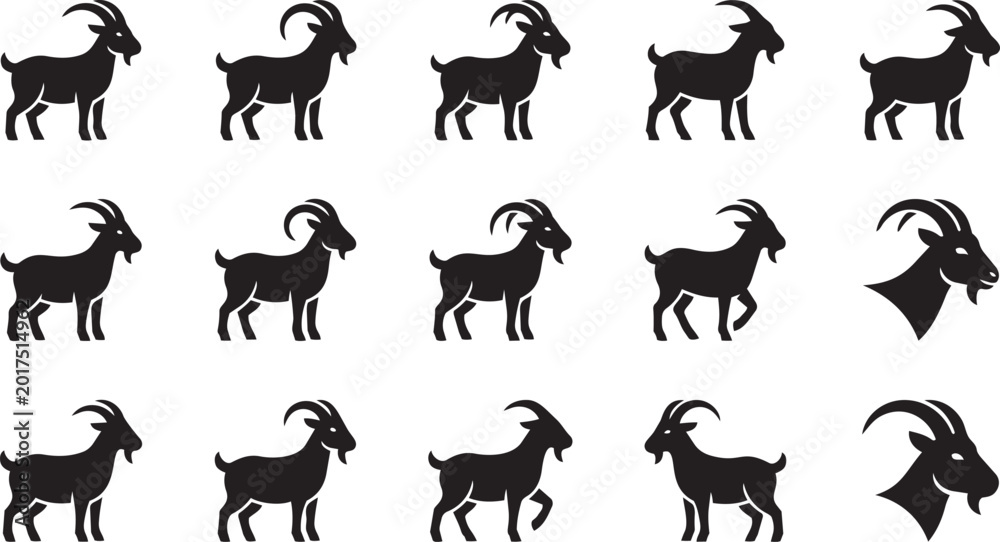 Fototapeta premium Large horn goat silhouette collection featuring majestic rams and profile head icons in black and white.