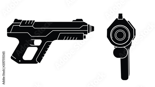 Futuristic pistol silhouette with side and front views