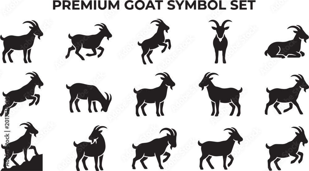 Fototapeta premium Minimalist goat symbol set featuring various actions and poses.