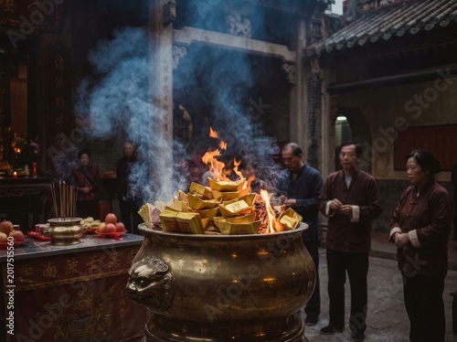 People observe burning joss paper gold ingots in traditional temple