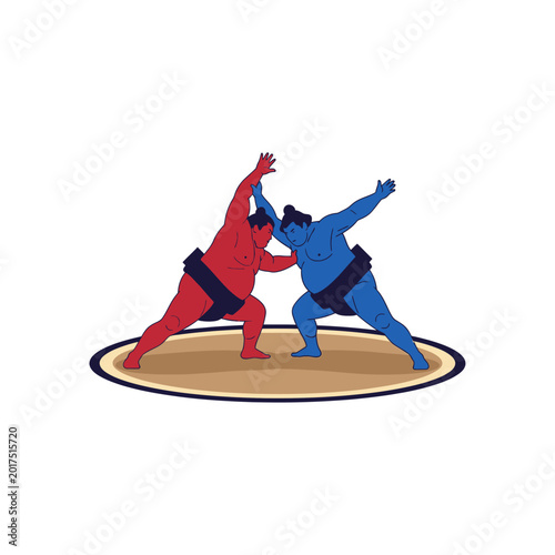 Obraz na plátně Sumo wrestlers engage in a fierce bout within a traditional sumo ring, showcasin