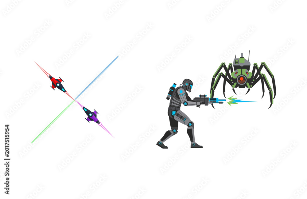 Fototapeta premium Futuristic Soldier Engages Alien Spider-Bot in Sci-Fi Combat Scene