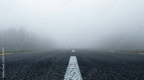 Foggy Road Leading into the Distance with White Lines.