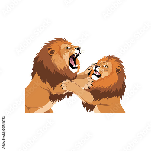 Billede på lærred Dynamic illustration of two powerful male lions engaged in an intense battle, sh