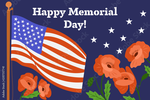 American flag waving alongside vibrant red poppy flowers with text Happy Memorial Day on a blue background celebrating the holiday and honoring veterans