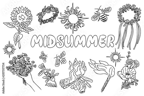 Black and white illustration depicting Midsummer symbols such as sun, flowers, bees, and a bonfire, with the word Midsummer prominently displayed
