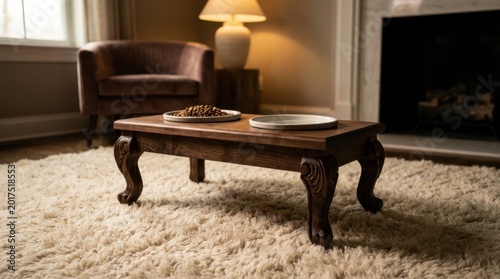 Solid dark wood coffee table with intricately carved legs, complementing a cozy living room setting