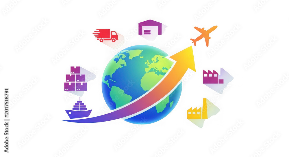 Obraz premium Colorful globe with various transportation surrounding it isolated on a transparent background