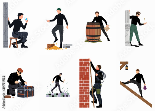 Canvastavla Professional burglars and thieves performing heists, climbing walls, picking locks, and stealing diamonds and gold coins flat vector illustration set