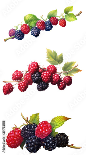 A collection of three colorful blackberry illustrations on a transparent background.
