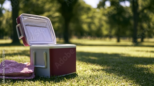 Soft cooler with gingham pattern on park lawn background