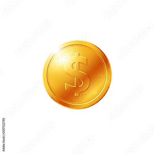 Golden dollar coin on white background