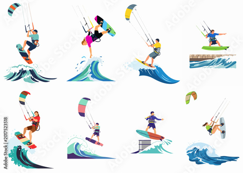 Collection of flat vector illustrations depicting various kitesurfers performing jumps and tricks on ocean waves with colorful kites.