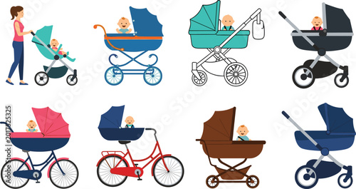 Photos Baby Stroller and Pram Icons with Different Designs, Colors, and Accessories for