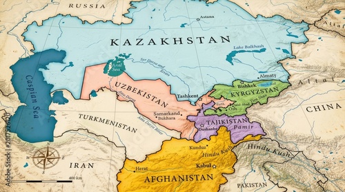 Colorful Map of Central Asia with Countries and Borders