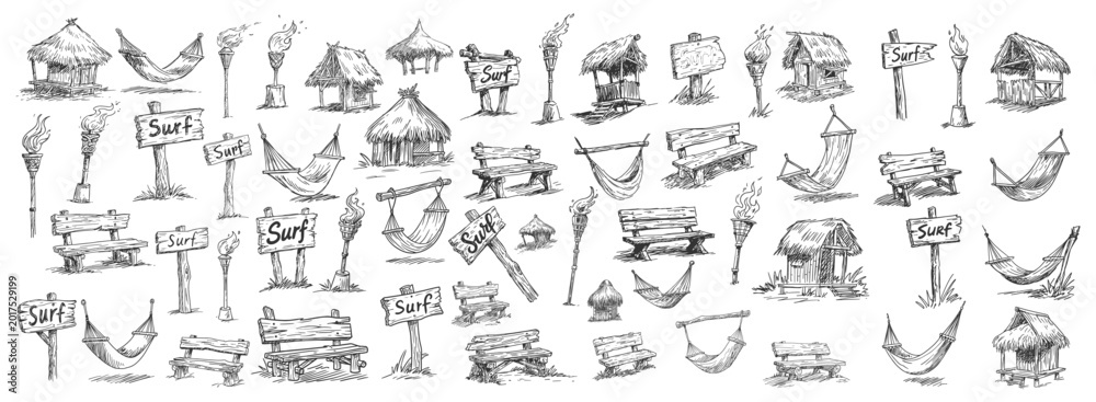 Obraz premium Tropical beach island vacation icons set featuring tiki huts surf signs hammocks and tiki torches sketch