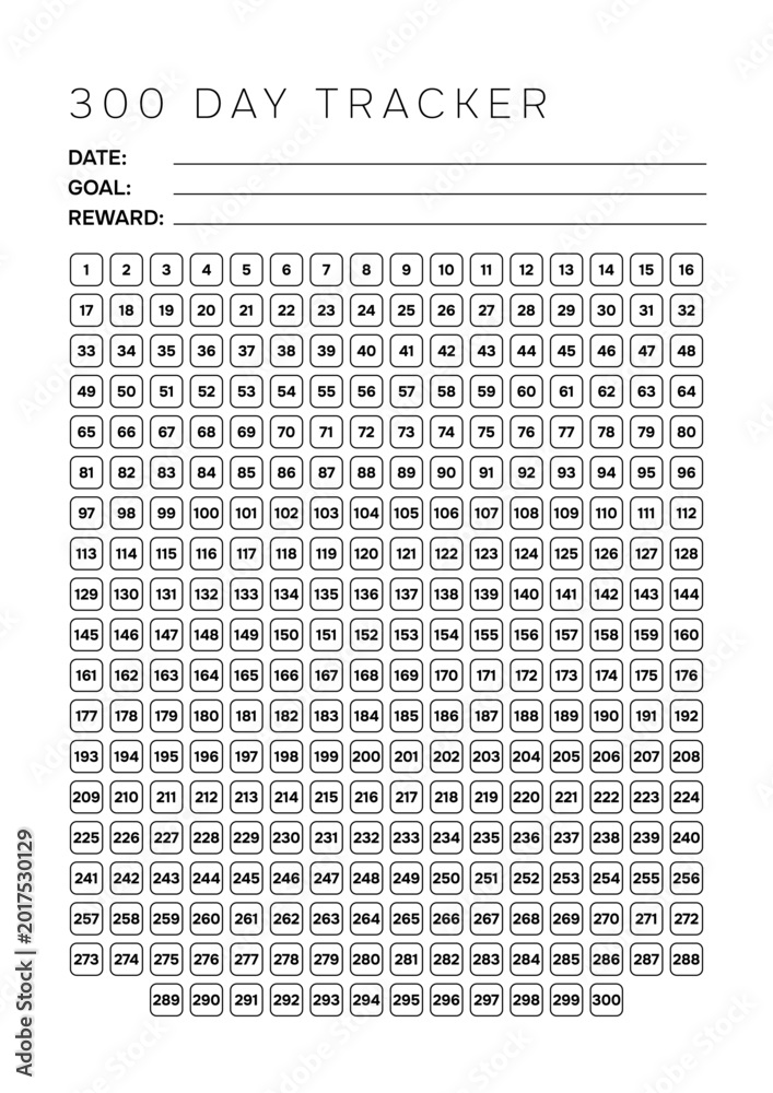 Fototapeta premium Modern 300 Day Challenge Tracker Template A4 Minimalist Habit Builder for Business Performance and Personal Growth