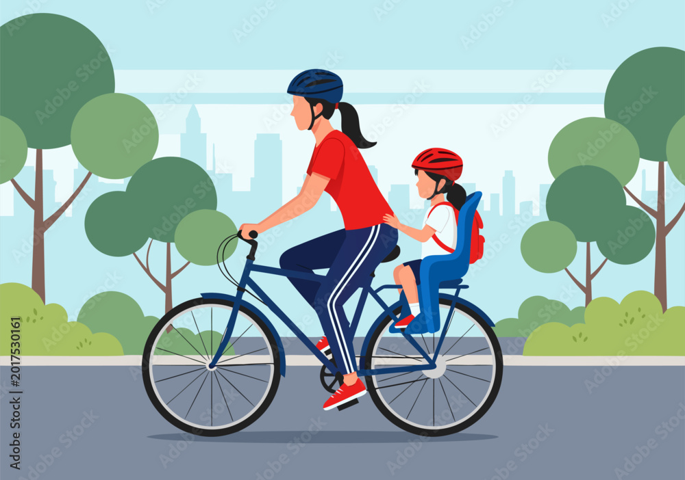 Fototapeta premium Mother and Child Enjoying a Scenic Bicycle Ride Together Through the Park on a Sunny Day, Promoting Active Family Lifestyle and Safety
