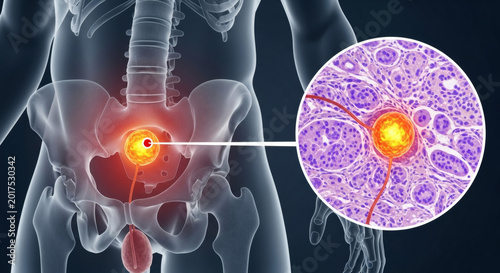 Medical illustration of prostate cancer with microscopic cell zoom