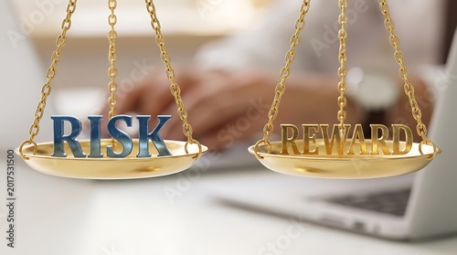 Golden balance scale weighing risk versus reward with metallic letters