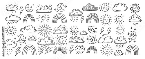 Hand drawn weather doodles set with cute sun moon clouds lightning and rainbow icons on white background