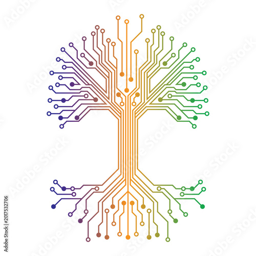 Digital tree illustration with colorful circuit board branches