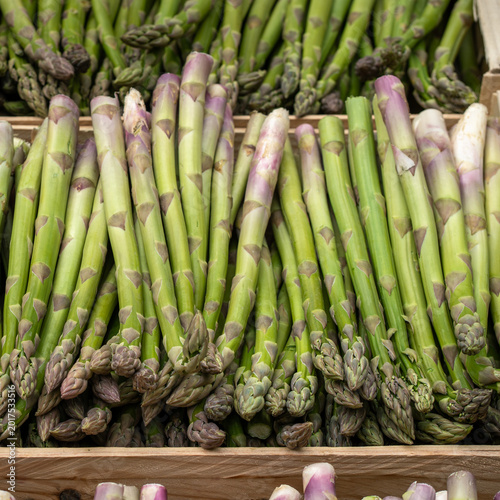 close up of fresh green asparagus bundles