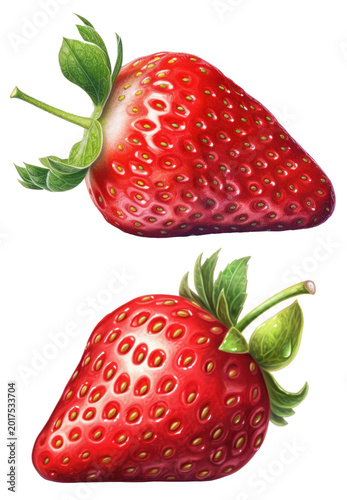 A collection of three colorful strawberry illustrations on a transparent background.