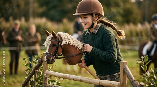 Girl riding hobby horse during equestrian competition. Child participating in stick horse hobby tournament. Outdoor activity and sports game concept for active childhood lifestyle.