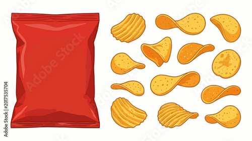 Flat lay illustration of potato chips spilled out from a red bag on a white background.