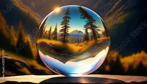 a crystal ball photography shot where a landscape is reflected upside down inside a glass sphere