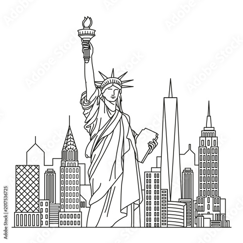 New York skyline vector with Statue of Liberty line art illustration. Travel-inspired cityscape perfect for posters, apparel, stickers and urban graphic designs.