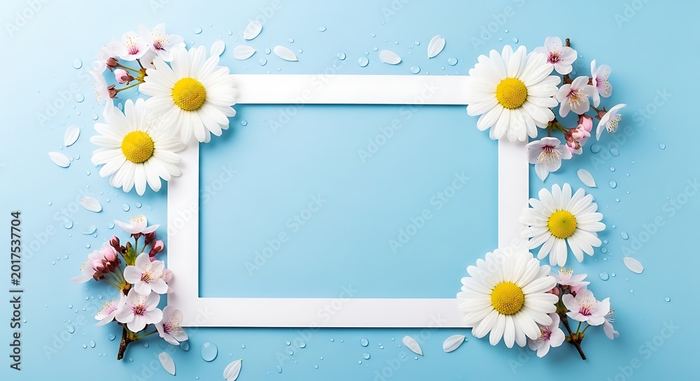 Fototapeta premium Floral frame with daisies and cherry blossoms on light blue background