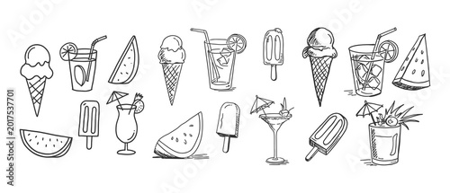 Hand drawn summer food and drink sketches with ice cream cones popsicles and watermelon slices