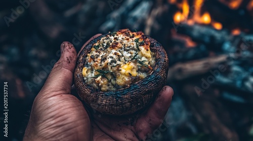 Hand holding a delicious stuffed mushroom cooked over fire